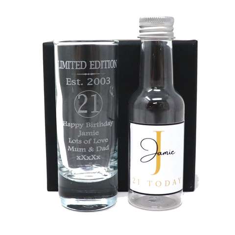 Personalised 21st Birthday Est 2003 Limited Edition Shot Glass & Gold Initial Miniature Alcohol Bottle