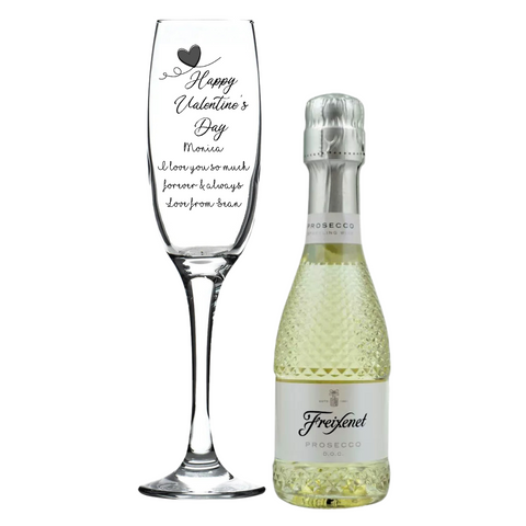 Personalised Fusion Flute & 20cl Freixenet Prosecco in Silk Gift Box - Valentine's Design