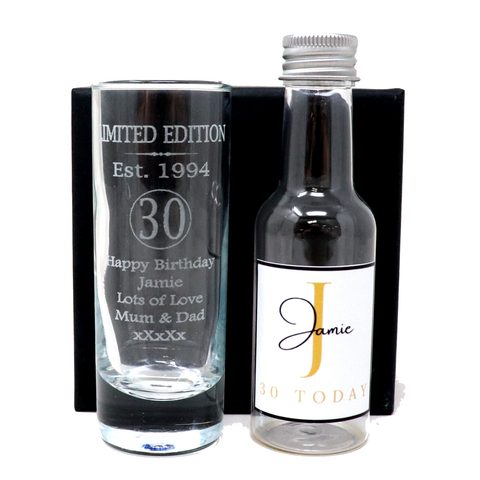 Personalised 30th Birthday Est 1994 Limited Edition Shot Glass & Gold Initial Miniature Alcohol Bottle