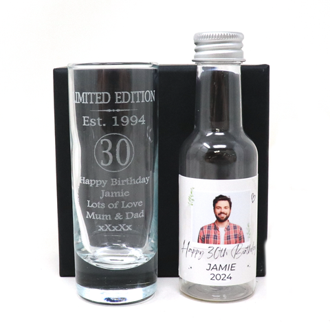 Personalised 30th Birthday Est 1994 Limited Edition Shot Glass & Heart Photo Miniature Alcohol Bottle