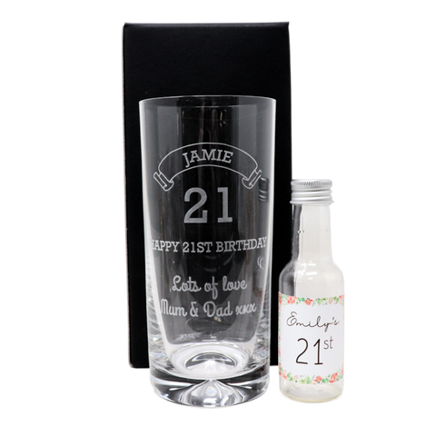 Personalised Birthday Age Highball Glass & Roses Miniature Alcohol Bottle