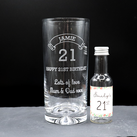 Personalised Birthday Age Highball Glass & Roses Miniature Alcohol Bottle