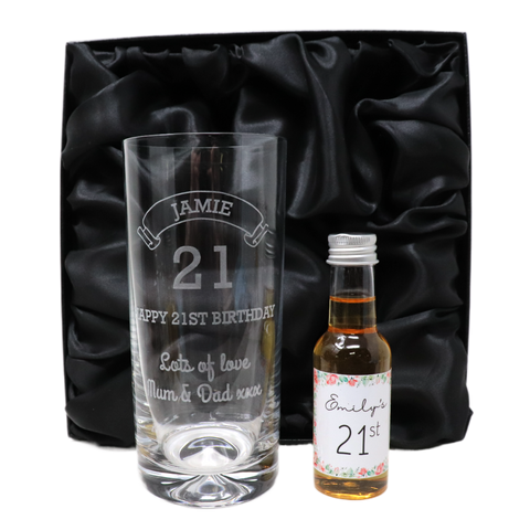 Personalised Birthday Age Highball Glass & Roses Miniature Alcohol Bottle