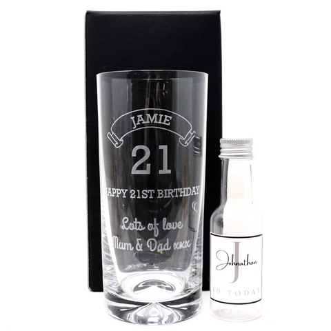 Personalised Birthday Age Highball Glass & Initial Miniature Alcohol Bottle