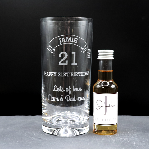 Personalised Birthday Age Highball Glass & Initial Miniature Alcohol Bottle