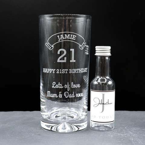 Personalised Birthday Age Highball Glass & Initial Miniature Alcohol Bottle