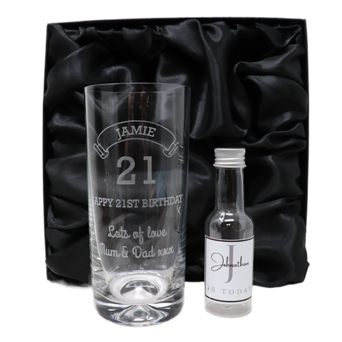 Personalised Birthday Age Highball Glass & Initial Miniature Alcohol Bottle