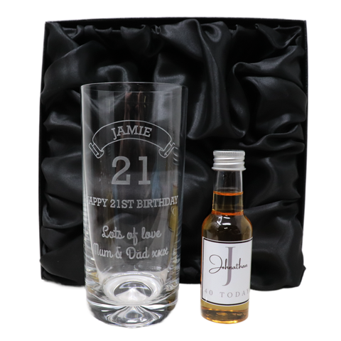 Personalised Birthday Age Highball Glass & Initial Miniature Alcohol Bottle