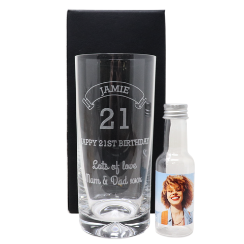 Personalised Birthday Age Highball Glass & Photo Miniature Alcohol Bottle