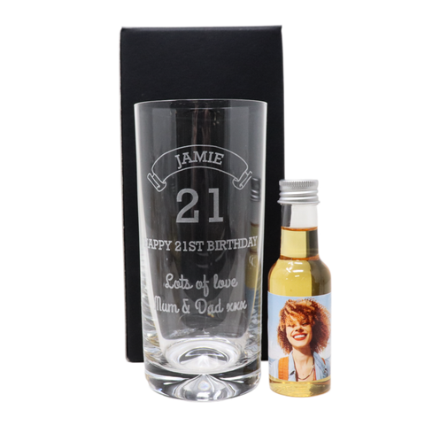 Personalised Birthday Age Highball Glass & Photo Miniature Alcohol Bottle