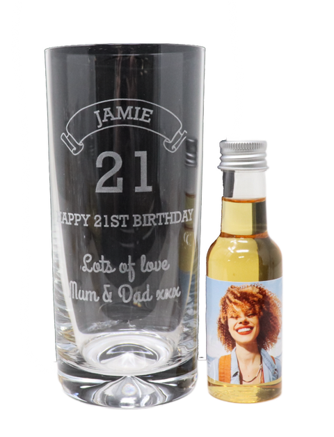 Personalised Birthday Age Highball Glass & Photo Miniature Alcohol Bottle