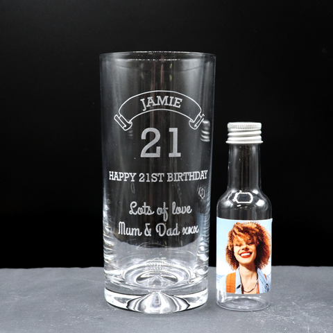 Personalised Birthday Age Highball Glass & Photo Miniature Alcohol Bottle