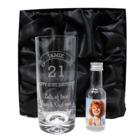 Personalised Birthday Age Highball Glass & Photo Miniature Alcohol Bottle