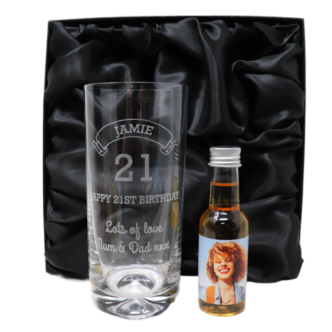 Personalised Birthday Age Highball Glass & Photo Miniature Alcohol Bottle