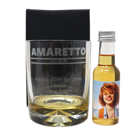 Personalised Amaretto Glass Tumbler & Photo Design Miniature Bottle