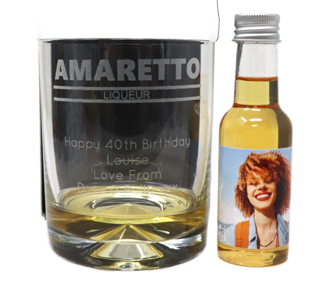 Personalised Amaretto Glass Tumbler & Photo Design Miniature Bottle