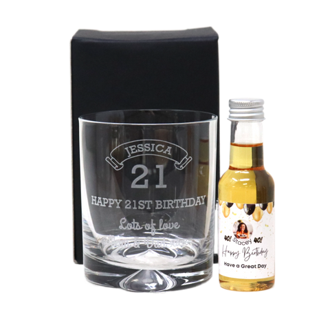 Personalised Birthday Age Glass Tumbler & Balloons Photo Miniature Alcohol Gift Set