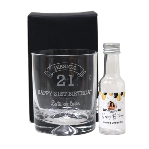 Personalised Birthday Age Glass Tumbler & Balloons Photo Miniature Alcohol Gift Set