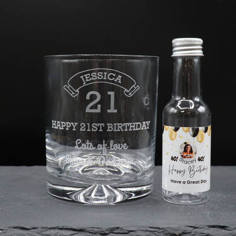 Personalised Birthday Age Glass Tumbler & Balloons Photo Miniature Alcohol Gift Set