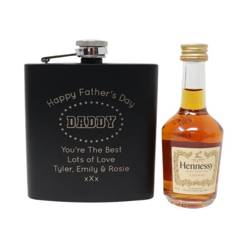 Personalised Black Hip Flask & Miniature - Father's Day Design