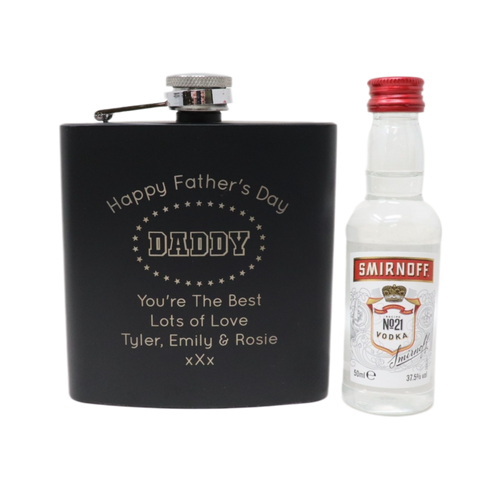 Personalised Black Hip Flask & Miniature - Father's Day Design