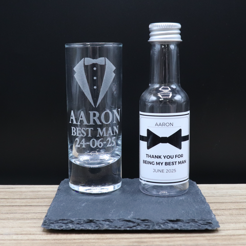 Personalised Best Man Wedding Shot Glass & Bow Tie Miniature Alcohol Gift Set