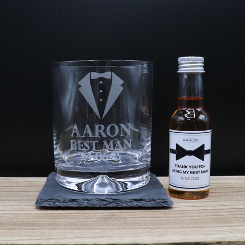 Personalised Best Man Wedding Glass Tumbler & Bow Tie Miniature Alcohol Gift Set