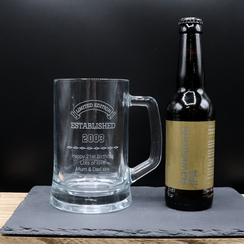 Personalised Pint Glass Tankard & Bottle of Hawkstone Beer - Established Birthday Design