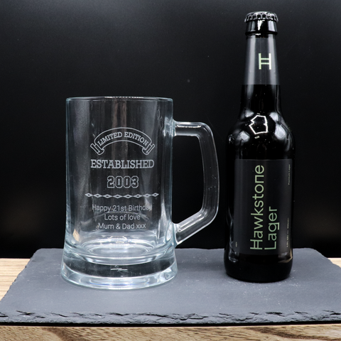 Personalised Pint Glass Tankard & Bottle of Hawkstone Beer - Established Birthday Design