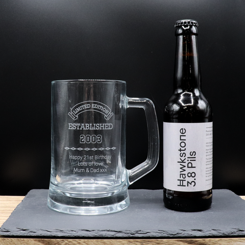 Personalised Pint Glass Tankard & Bottle of Hawkstone Beer Gift Set - Established Birthday Design