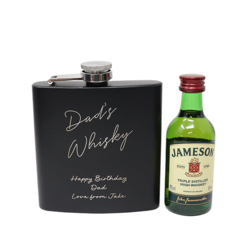 Personalised Black Hip Flask & Miniature Alcohol - Whisky Design