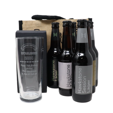 Personalised Pint Glass & 6 Bottles of Hawkstone Beer Gift Set - Established Birthday Design