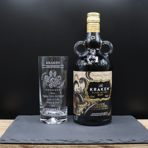 Personalised Highball Glass & 70cl Limited Edition Kraken Dark Caramel Rum - Octopus/Beast Design