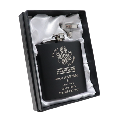 Personalised Black Hip Flask - Kraken Rum Octopus Design