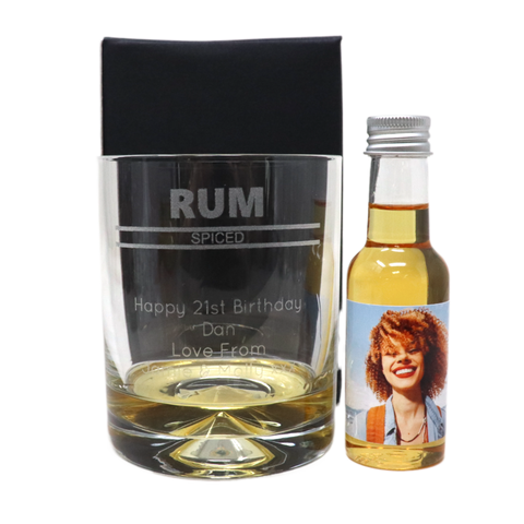 Personalised Rum Glass Tumbler & Photo Design Miniature Bottle of Spiced Rum