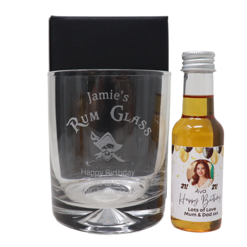 Engraved Rum Glass Tumbler & Personalised Birthday Photo Balloons Miniature Spiced Rum