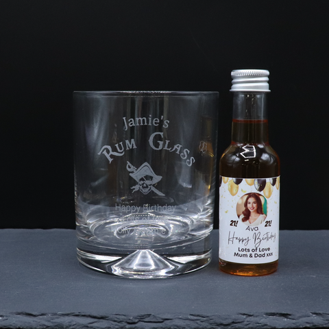 Engraved Rum Glass Tumbler & Personalised Birthday Photo Balloons Miniature Spiced Rum