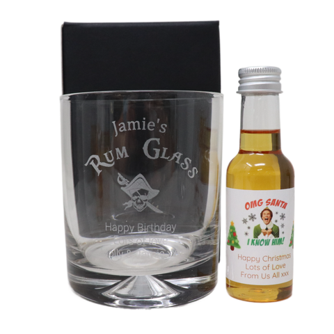 Engraved Rum Glass Tumbler & Personalised Christmas Elf Miniature Spiced Rum