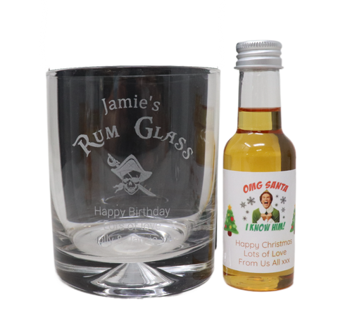 Engraved Rum Glass Tumbler & Personalised Christmas Elf Miniature Spiced Rum