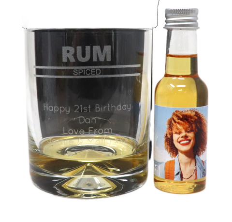 Personalised Rum Glass Tumbler & Photo Design Miniature Bottle of Spiced Rum