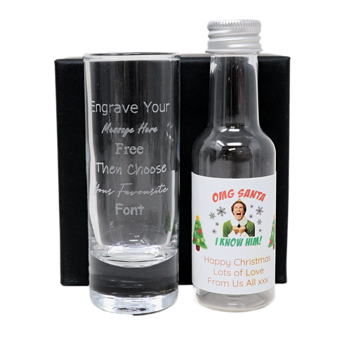 Personalised Tall Shot Glass & Christmas Elf Design Miniature Bottle of Alcohol