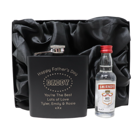 Personalised Black Hip Flask & Miniature - Father's Day Design