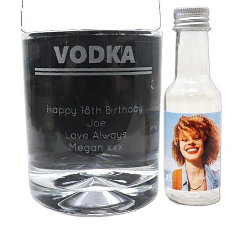 Personalised Vodka Glass Tumbler & Photo Design Miniature Bottle