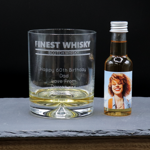 Personalised Whisky Glass Tumbler & Photo Design Miniature Bottle