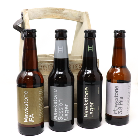 Personalised Wooden Bottle Carrier & 4 Bottles of Hawkstone Beer Gift Set