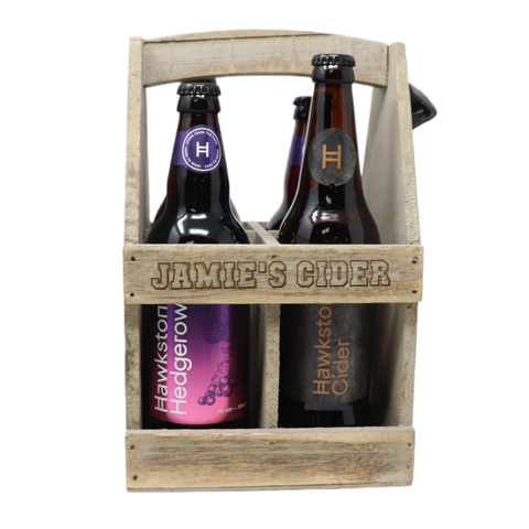 Personalised Wooden Bottle Carrier & 4 Bottles of Hawkstone Cider Gift Set