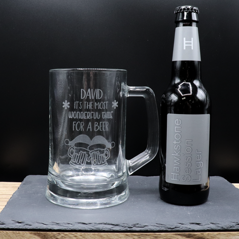 Personalised Pint Glass Tankard & Bottle of Hawkstone Beer - Christmas Beer Design